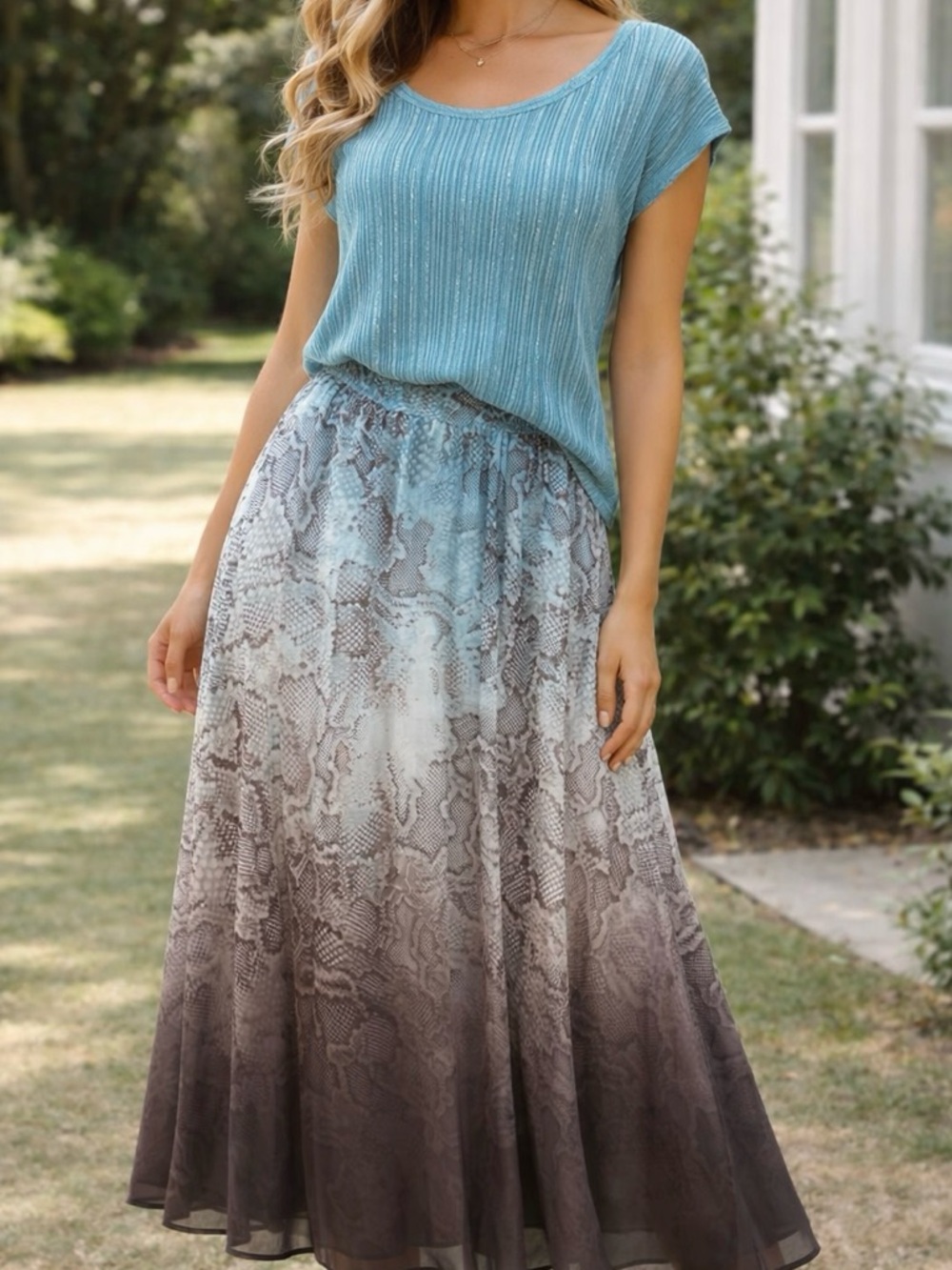 White House Black Market Blue Ombre Snake-Print Midi Skirt